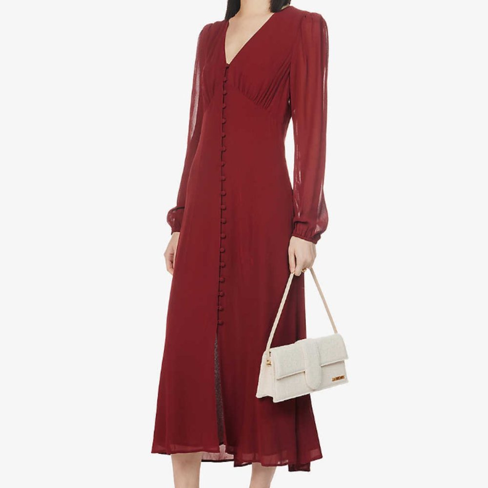 NEW Reformation Brogan Long Sleeve Button Front Midi Dress Chianti Size 12 #X108 - Picture 3 of 12